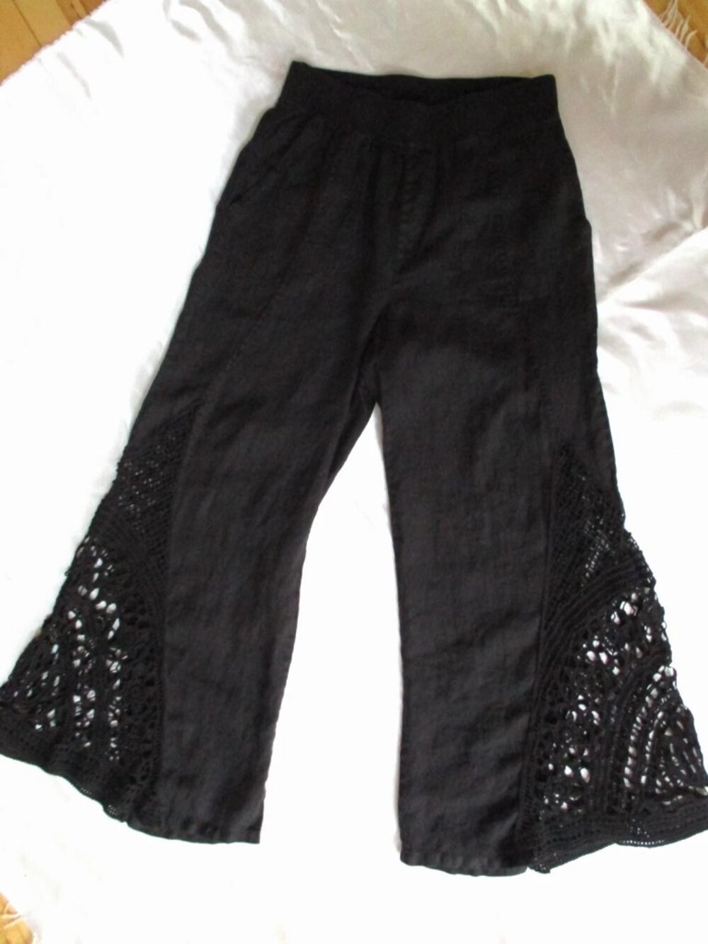 XCVI Womens Size M Ismay Black Crochet LINEN Wide Leg Stretch Waist